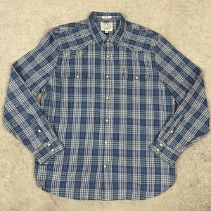 Lucky Brand Button Shirt Mens XL Blue Pearl Snap Plaid Cotton Classic Fit